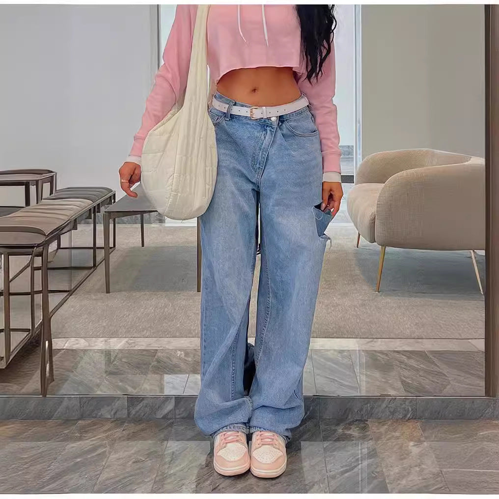 Loose Hole Jeans with Fashionable Oblique Waist Design for Style