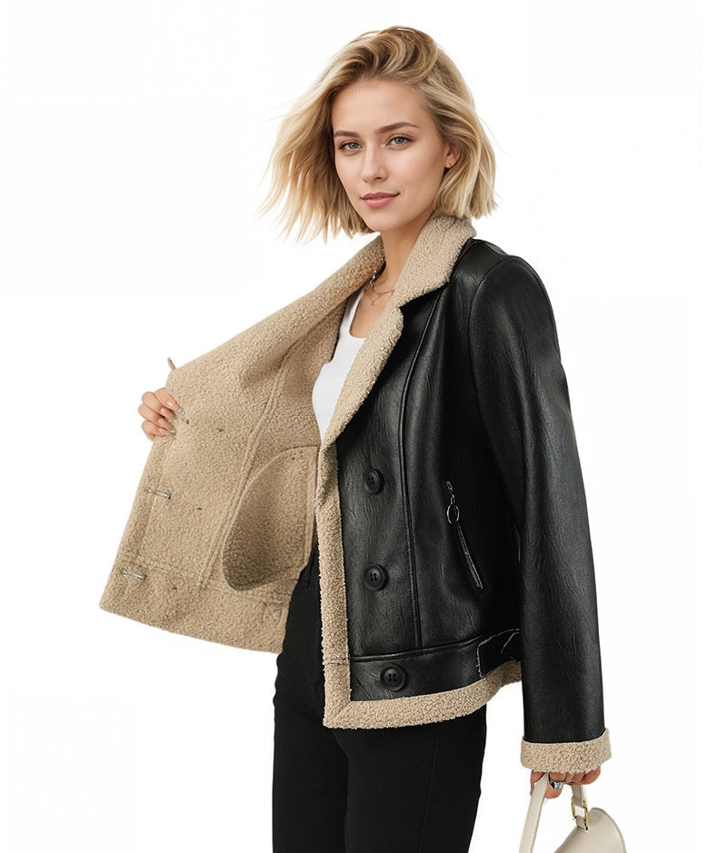 Fleece Padded Leather Coat with Fur Collar Alternative Styling