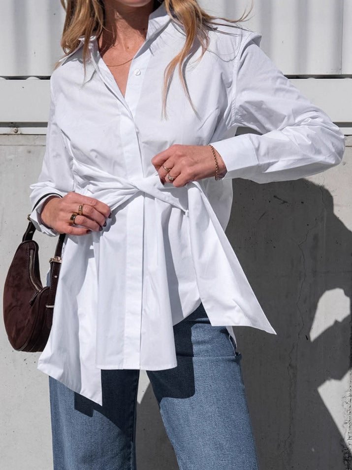 Cotton Blouse with Lace-up Waist Trimming for Casual Style