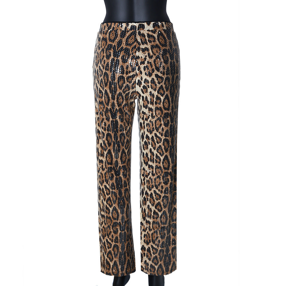Leopard Print Straight-leg Trousers with Sparkling Sequins Detail