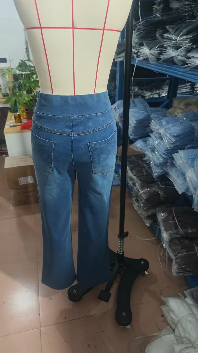 Straight Denim Trousers with High Elasticity and Trendy Style