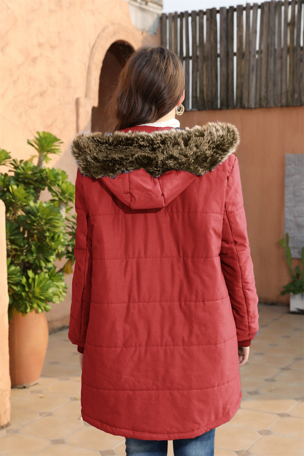 Hooded Warm Slim-fit Mid-length Coat with Fur Collar