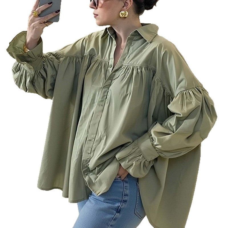 Pleated Lapel Splicing Blouse with Long Sleeve Design