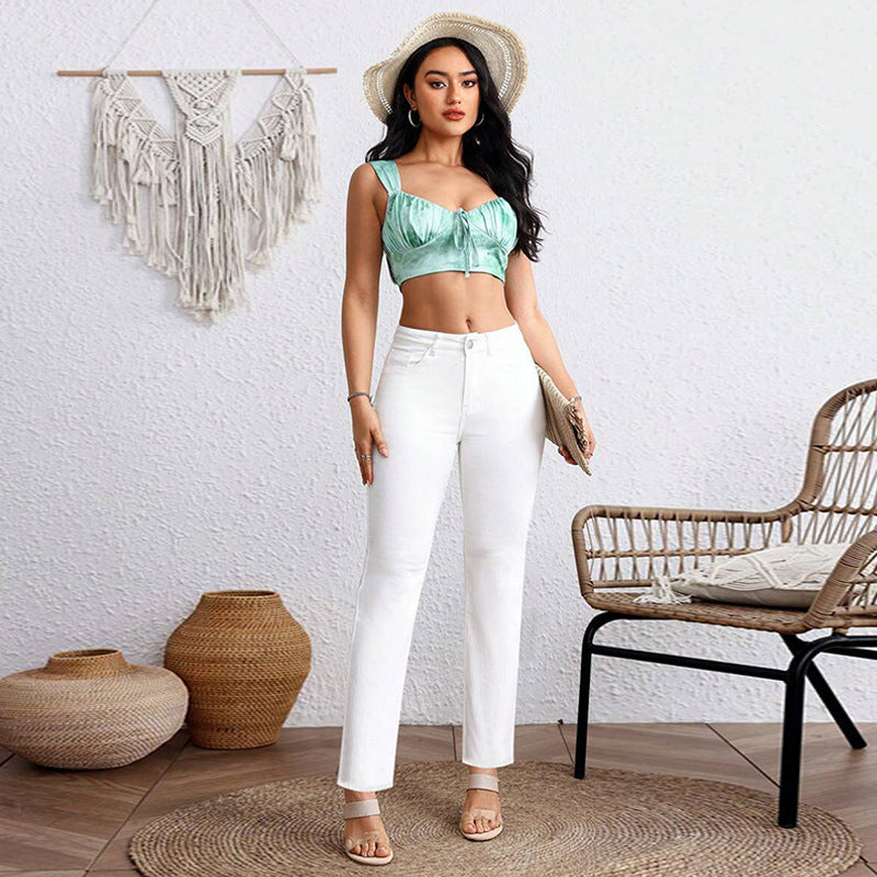 Plus Size White Cropped Straight Jeans with High Elasticity and Comfort