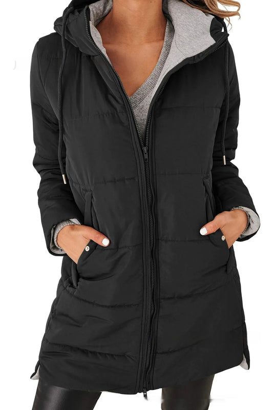 Hooded Solid Color Pocket Long Cotton Jacket Coat for All Seasons