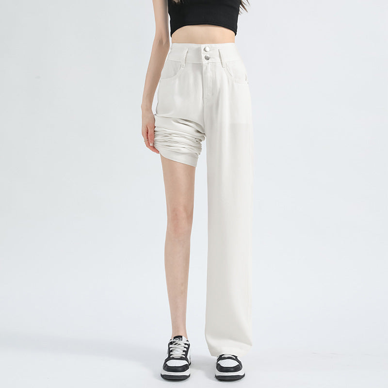 Lyocell Denim Wide-leg Pants with High Waist and Button Detail