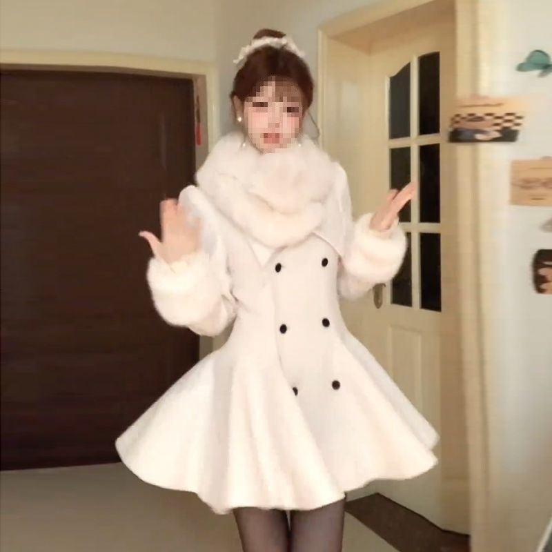 Cotton Wool Collar Woolen Coat with Detachable Fur Collar