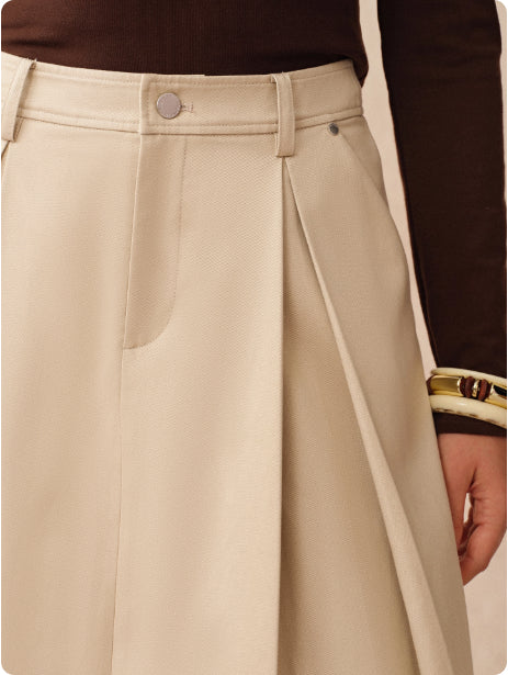 Khaki Pleated Tooling Skirt with High Waist Design