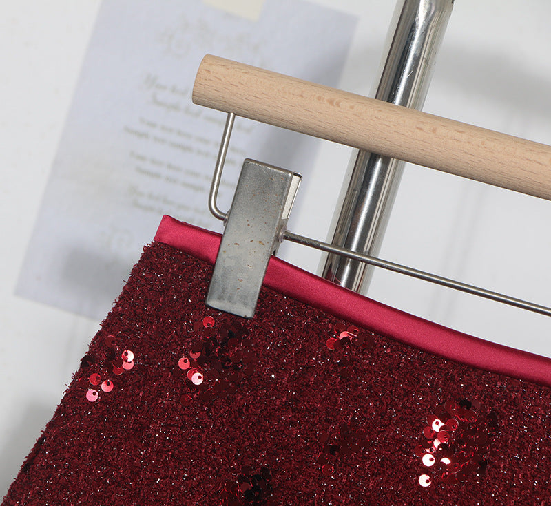 Sequined Red A-Line Skirt with High Waist Slimming Design