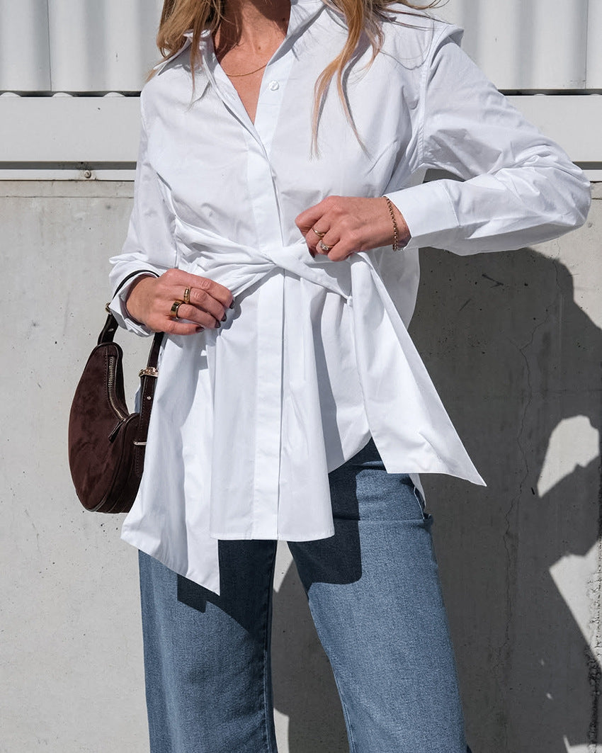 Cotton Blouse with Lace-up Waist Trimming for Casual Style