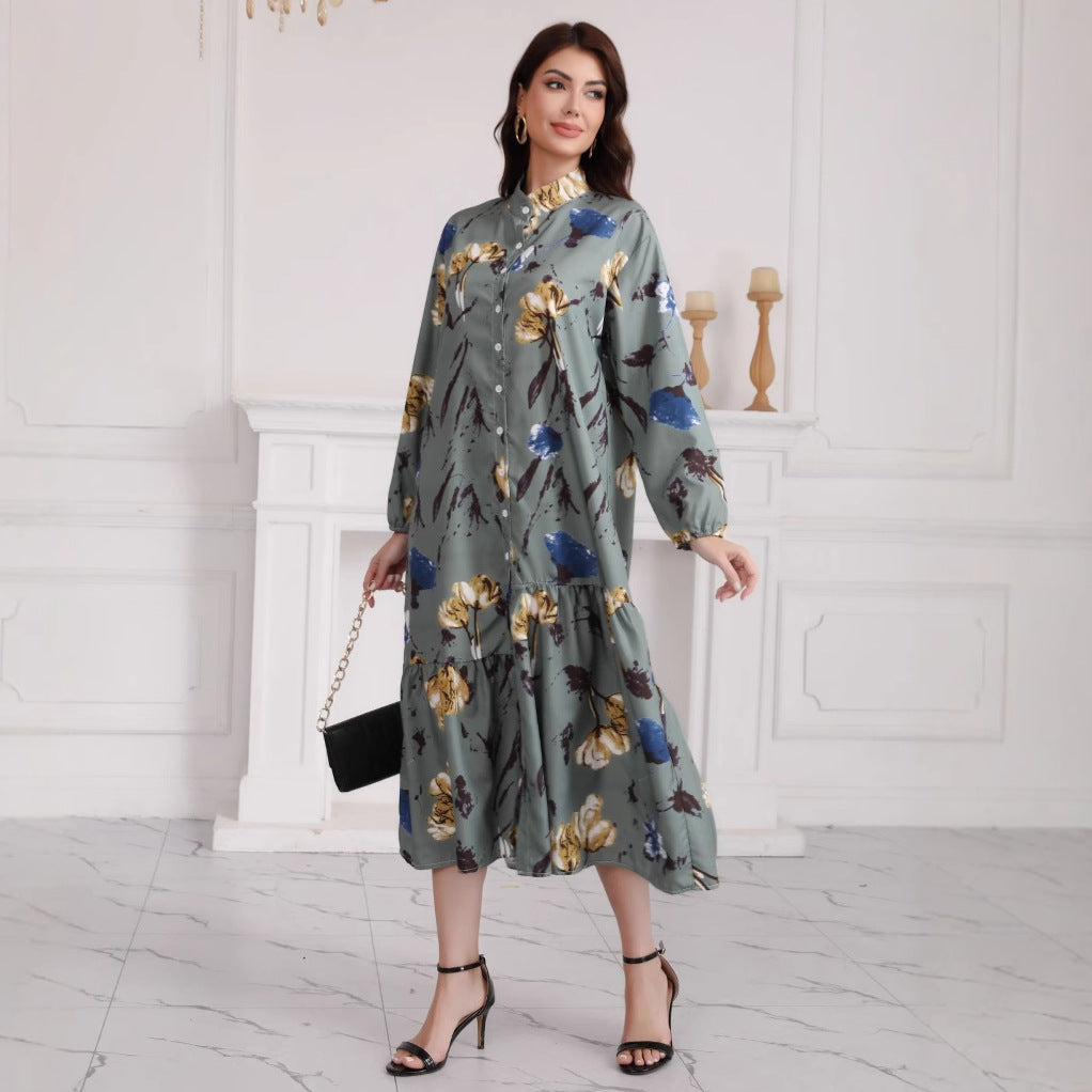 Floral Print Long Dress with Comfortable Cotton-Linen Blend Fabric