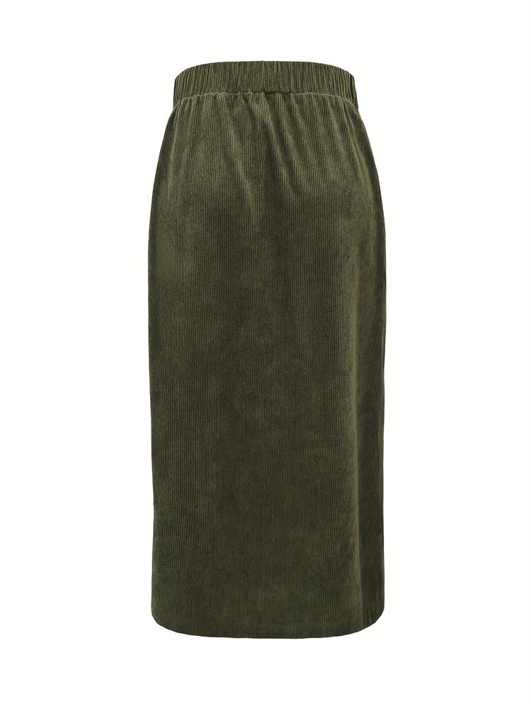 Mid-Length Skirt with Elastic Waist and Patch Pocket Design