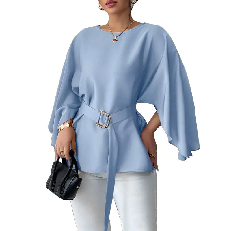 Solid Color Flared Half Sleeve Shirt with Bell Sleeve Design