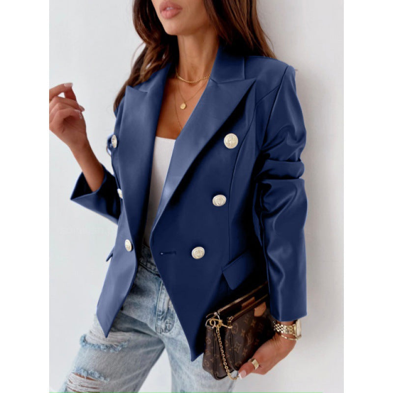 Long Sleeve Double Breasted PU Leather Jacket with Classic Style