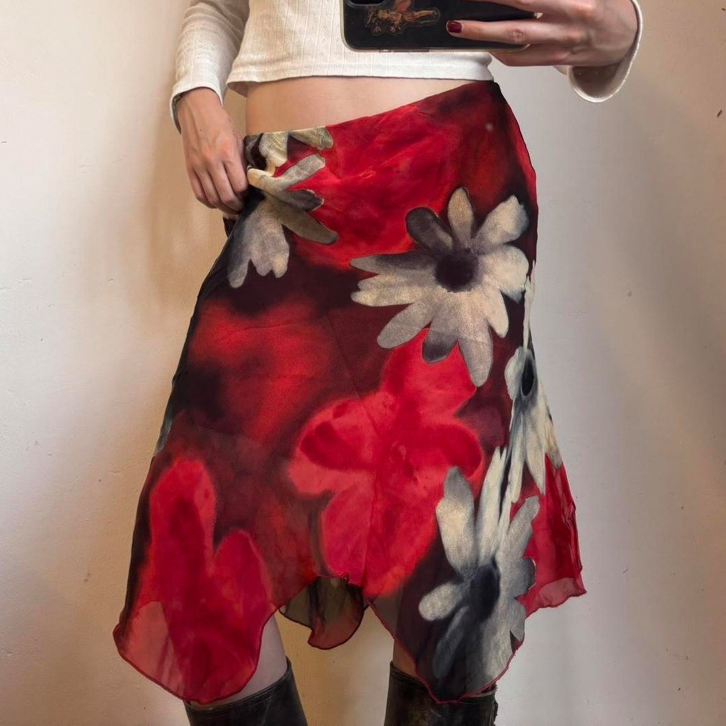 Floral Printed Mesh Asymmetric Skirt with Unique Street Fashion Style