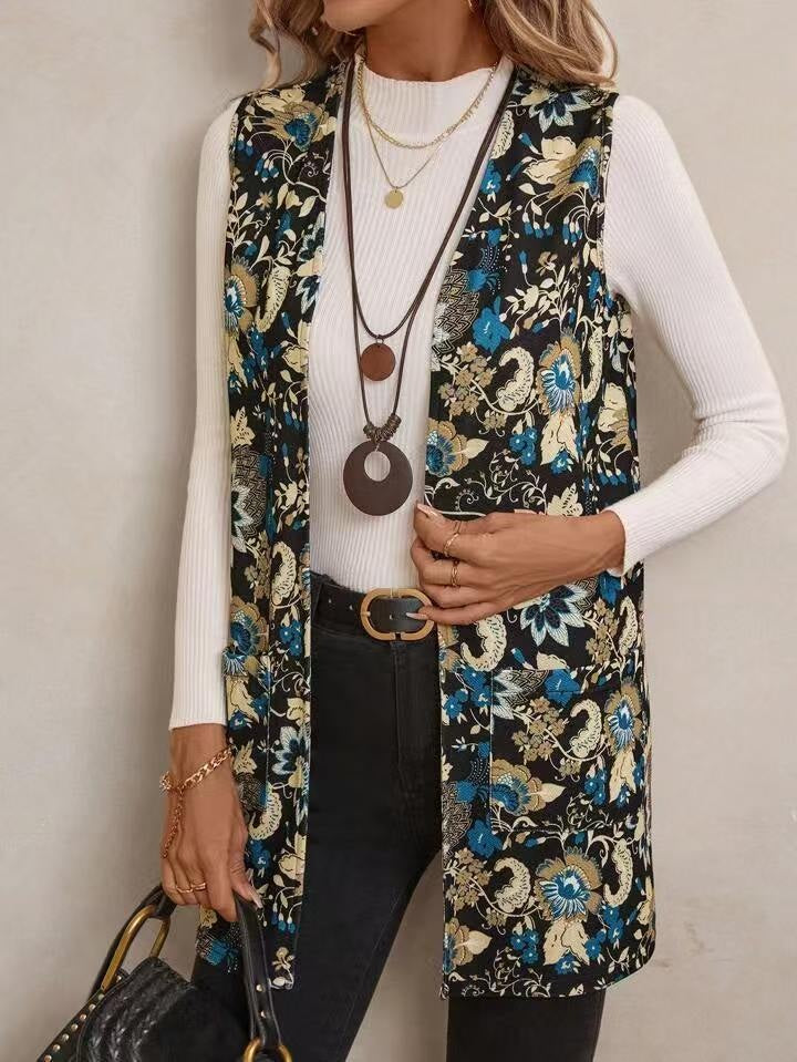 Casual Printing Coat with Fresh Floral Design and Sleeveless Style