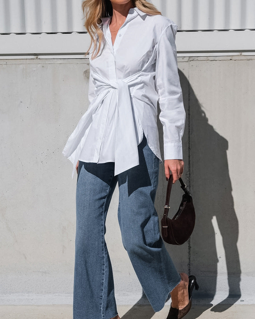 Cotton Blouse with Lace-up Waist Trimming for Casual Style
