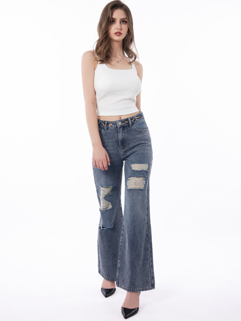 Retro Large Size Wide-Leg Jeans with Worn Distressed Style