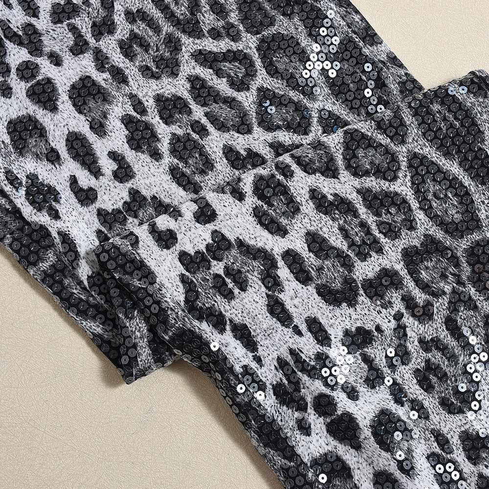 Leopard Print Straight-leg Trousers with Sparkling Sequins Detail