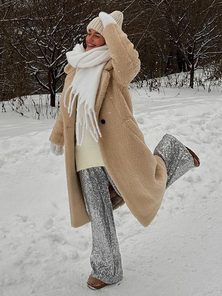 Polyester Long Button Cashmere Coat with Luxurious Fur Collar