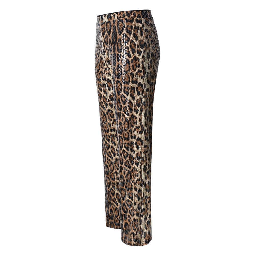 Leopard Print Straight-leg Trousers with Sparkling Sequins Detail