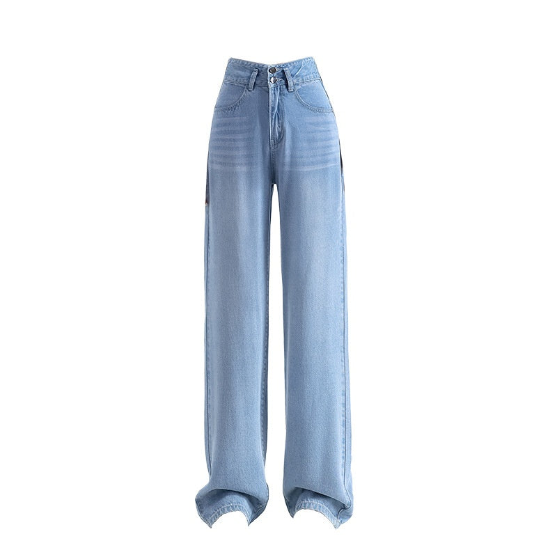 Lyocell Denim Wide-leg Pants with High Waist and Button Detail