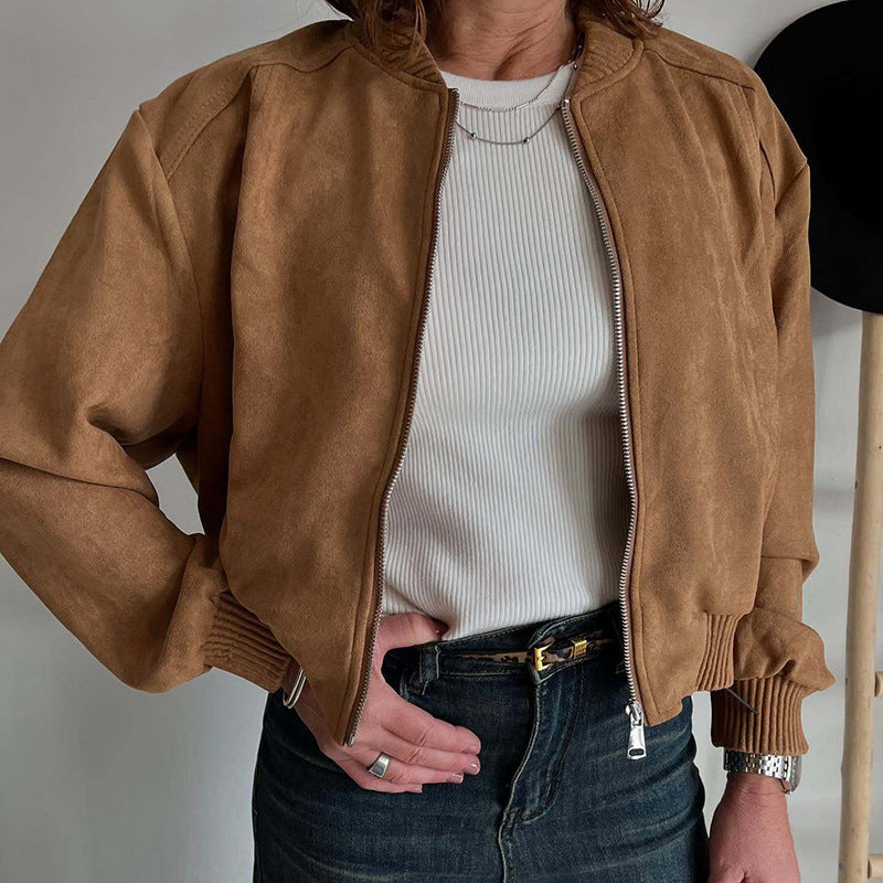Suede Solid Color Zip Jacket with Casual Slim Fit Style