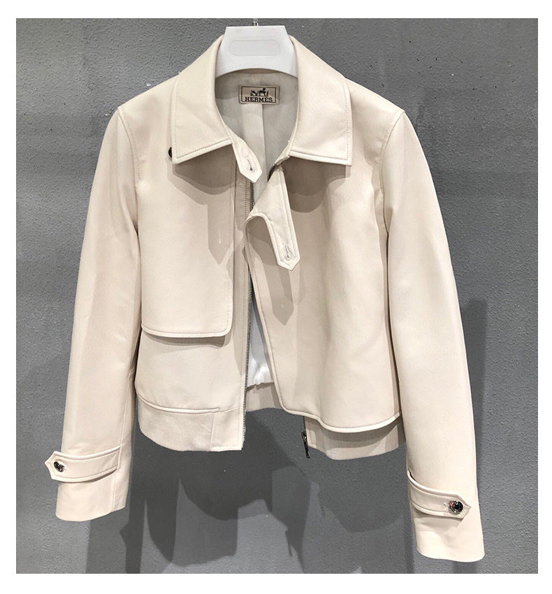 Retro Short Genuine Leather Jacket with Stylish Button Detail