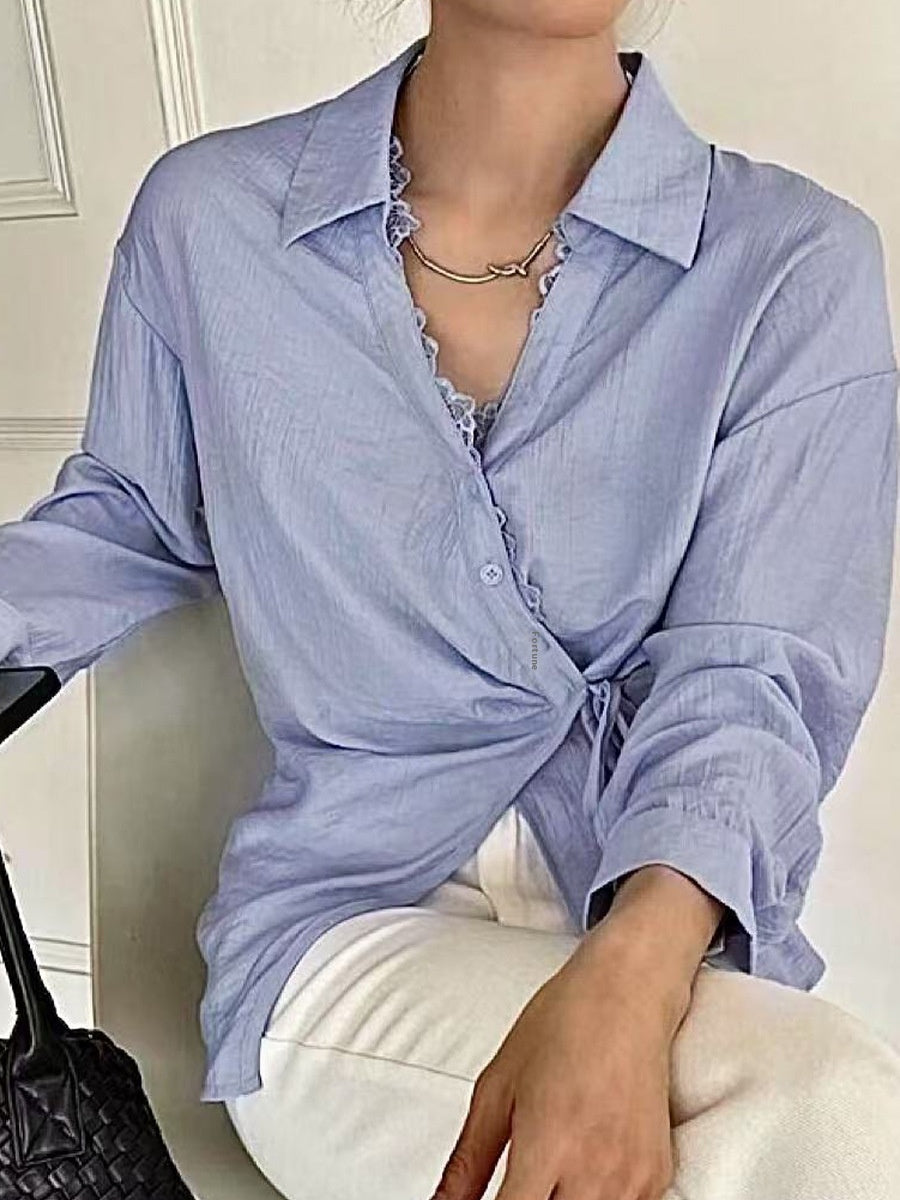 Blue Long Sleeved Shirt with Lace-up Cardigan Style