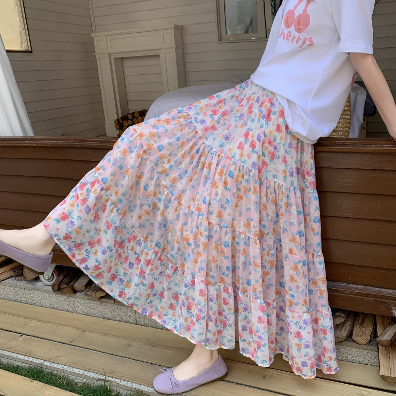 A-Line Chiffon Floral Skirt with Colorful Print Style