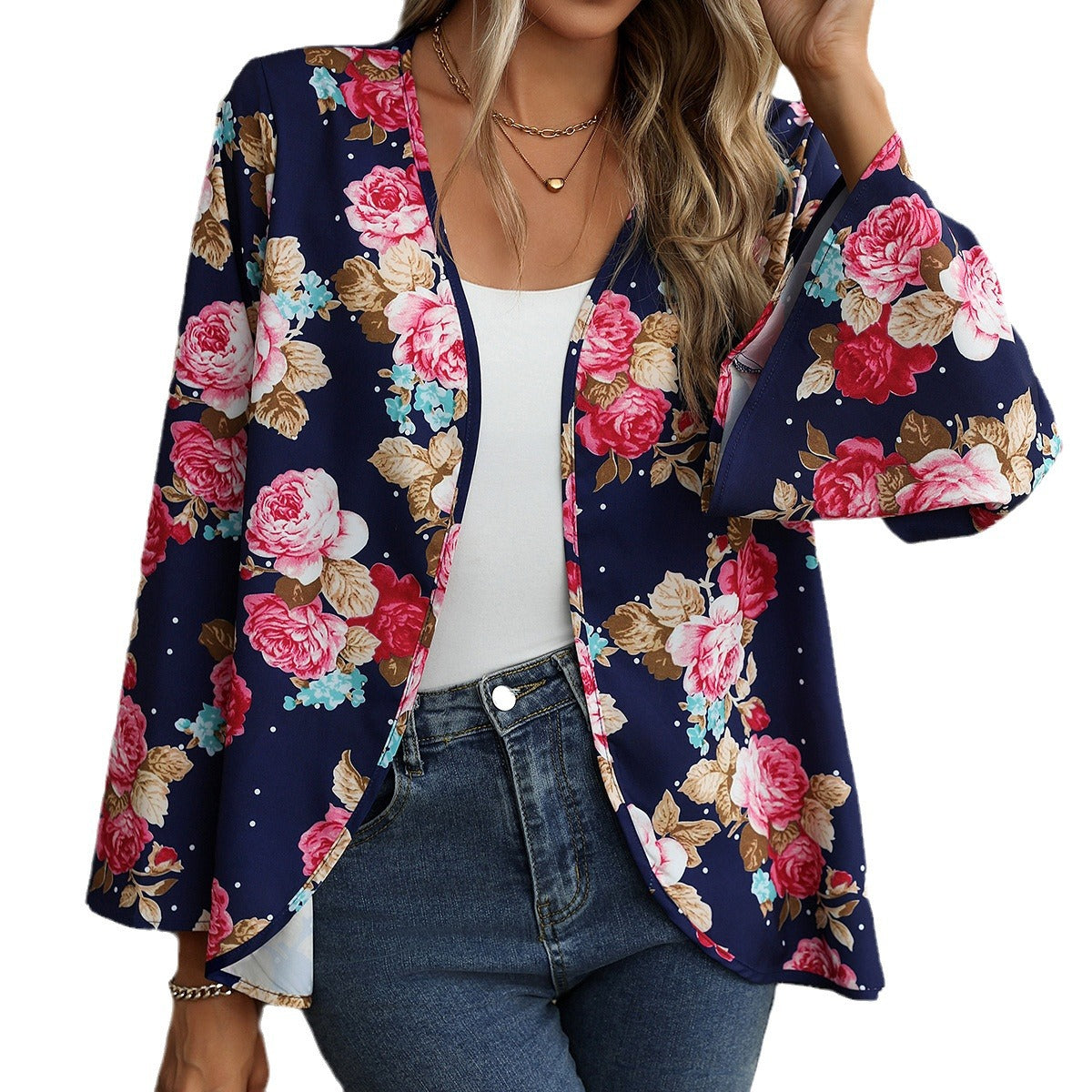 V-neck Floral Bell Sleeve Blouse with Casual Style and Print Design