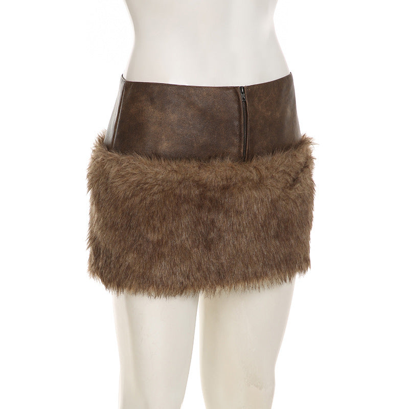 Retro Short Furry Skirt with Stylish Zipper Detail