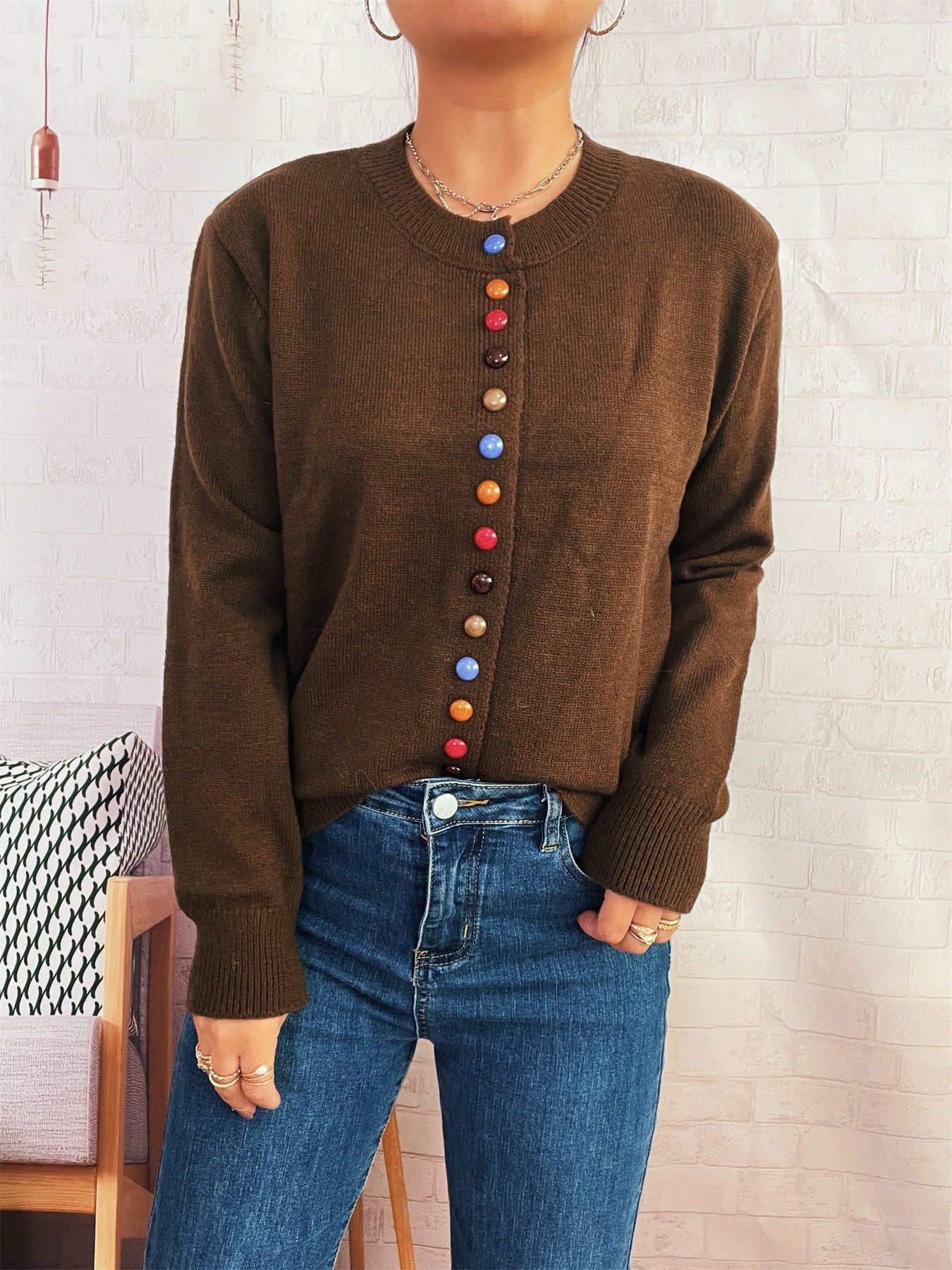 Simple Commute Color Button Single-breasted Knitted Cardigan Sweater Coat