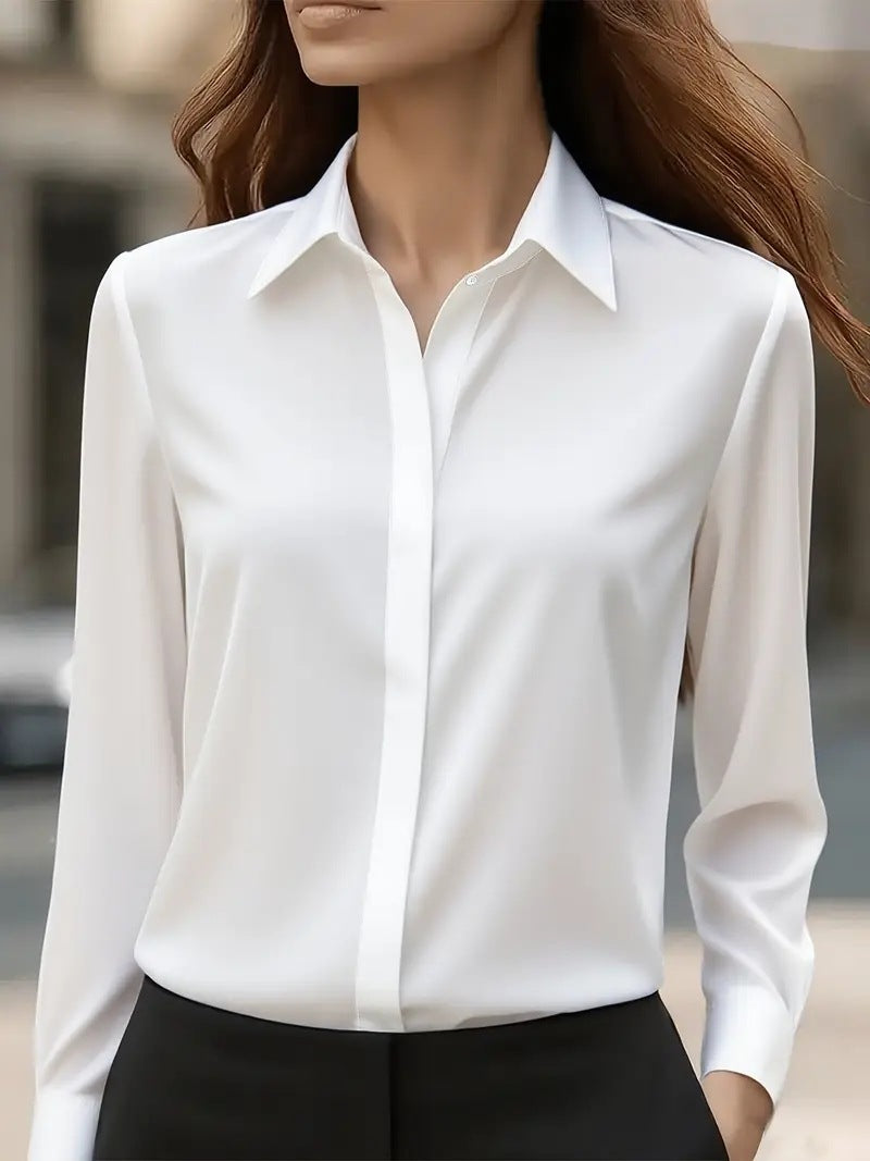 Satin Blouse with Long Sleeve Lapel Design for Effortless Elegance