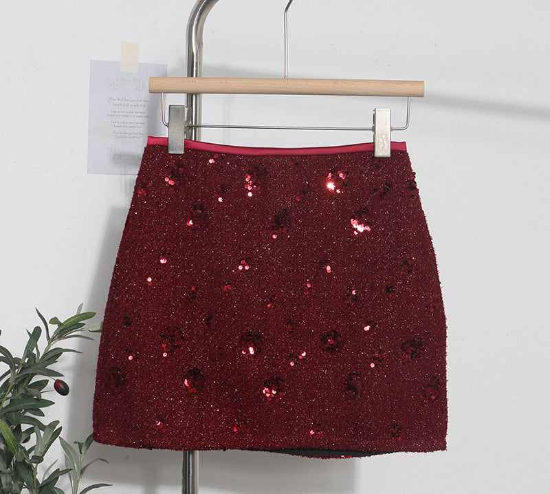 Sequined Red A-Line Skirt with High Waist Slimming Design