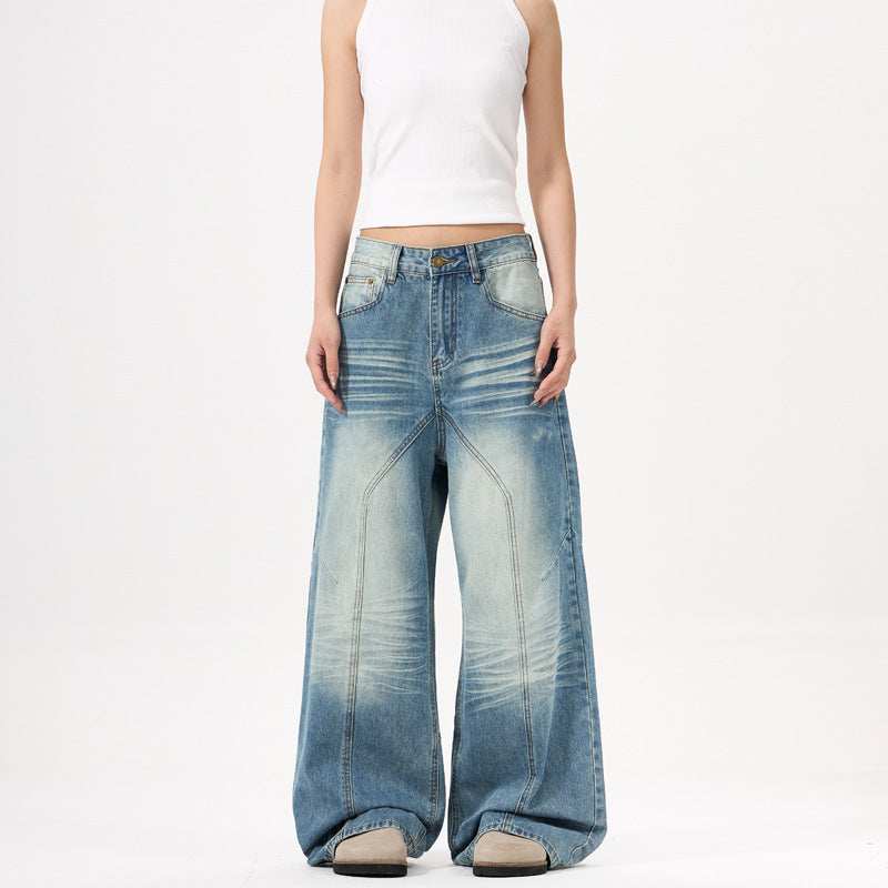 Wide-leg Blue Jeans with Deconstruct Stitching for Trendy Style