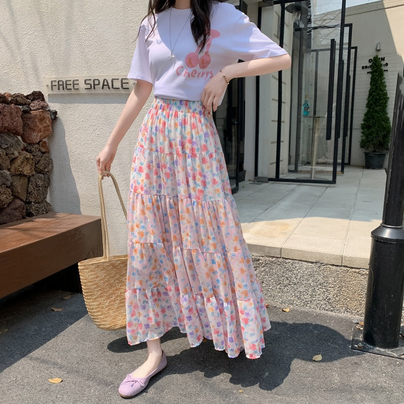 A-Line Chiffon Floral Skirt with Colorful Print Style