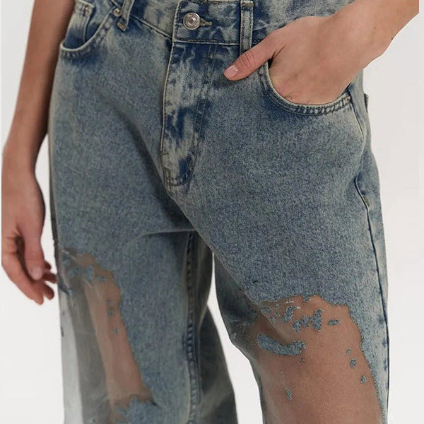 Retro Straight-leg Jeans with Unique Hollow Texture Design