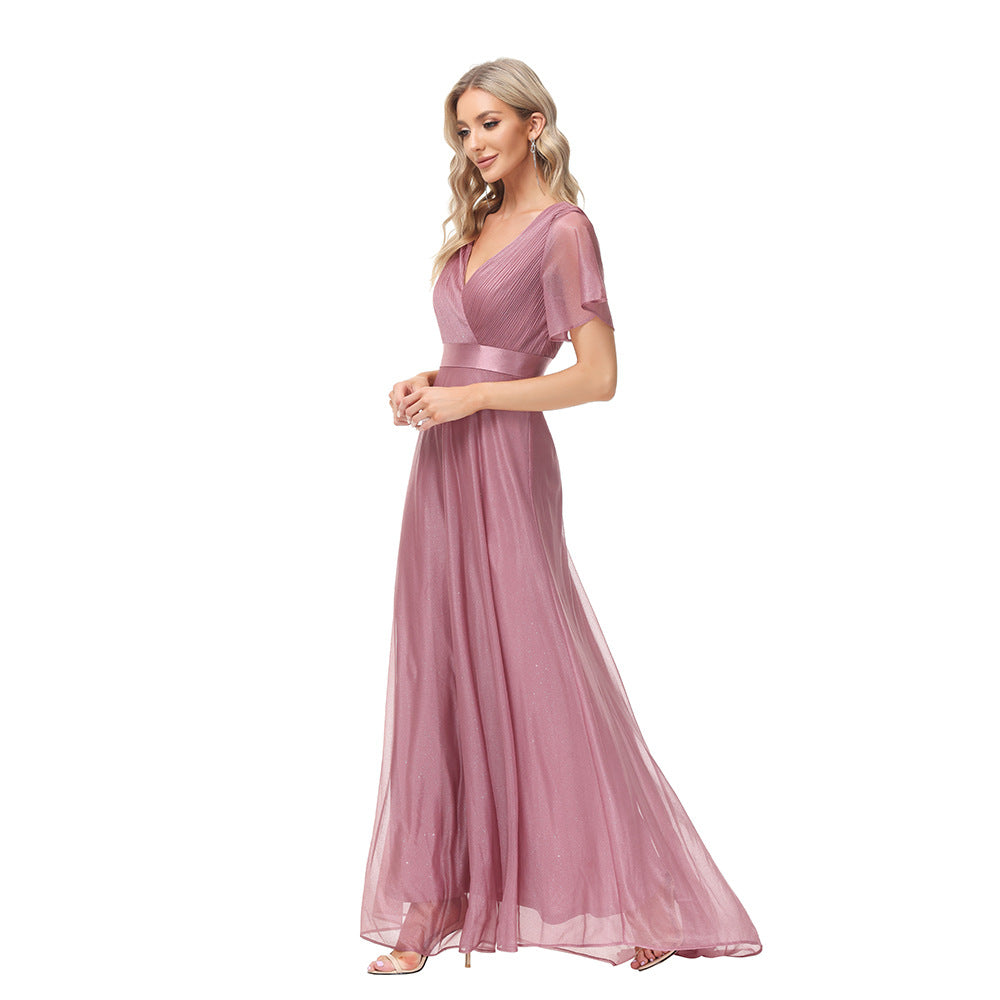 Chiffon Maxi Dress with Flared Sleeves and Handmade Pleats