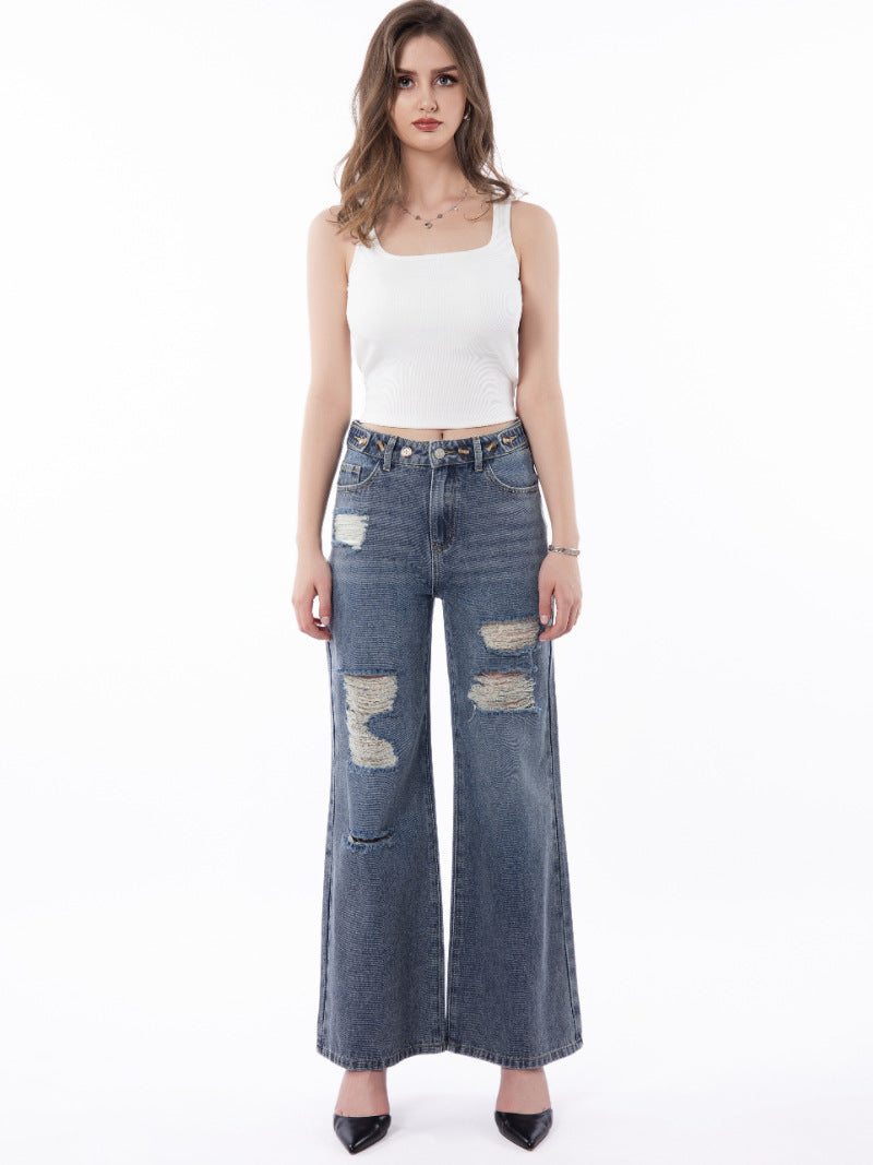 Retro Large Size Wide-Leg Jeans with Worn Distressed Style
