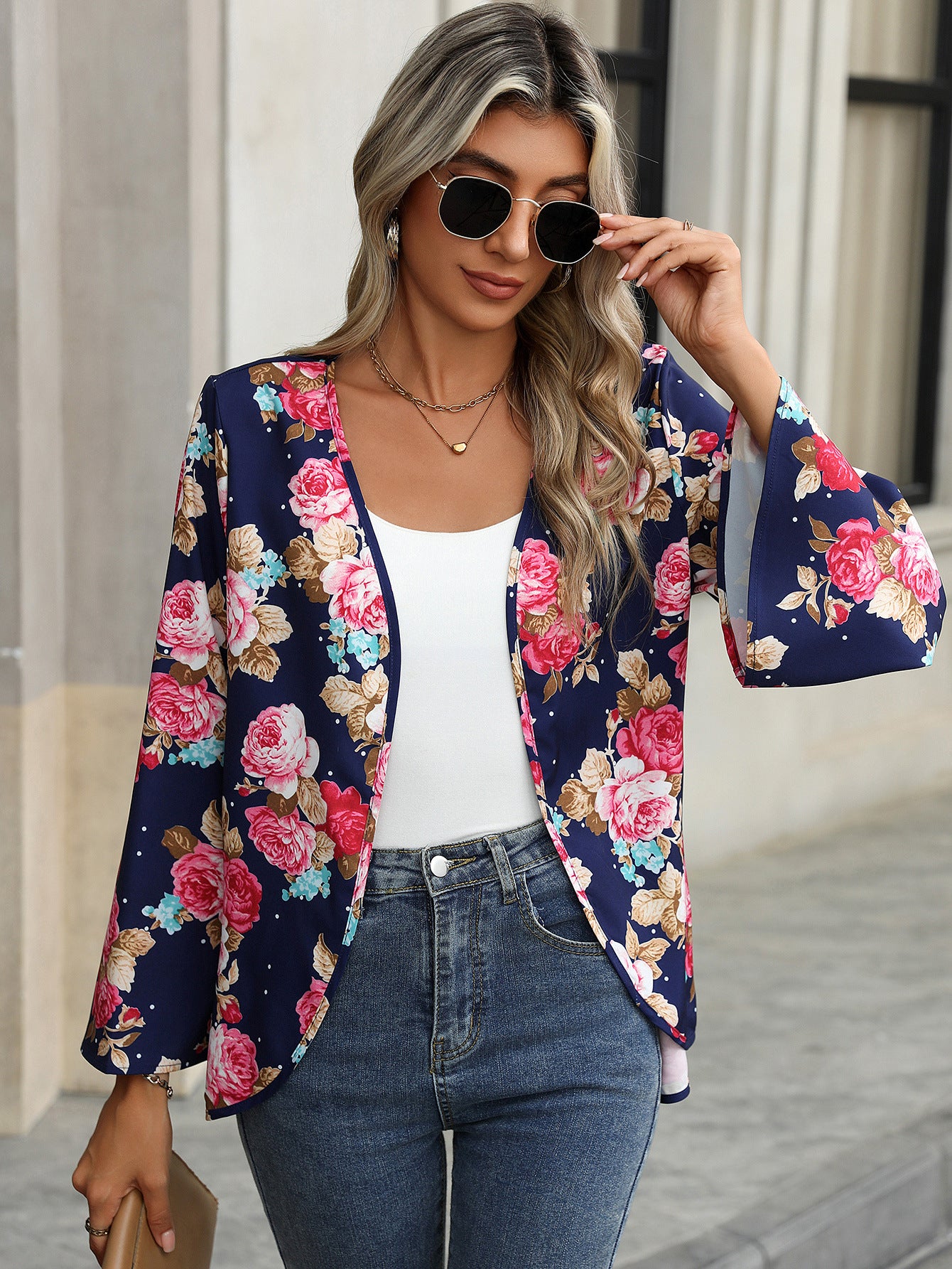 V-neck Floral Bell Sleeve Blouse with Casual Style and Print Design