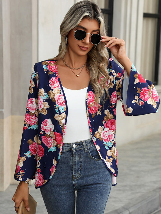 V-neck Floral Bell Sleeve Blouse with Casual Style and Print Design