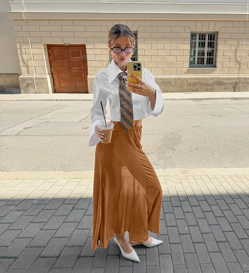 Khaki Slim-fit Tulle Skirt with Elegant Draping Effect