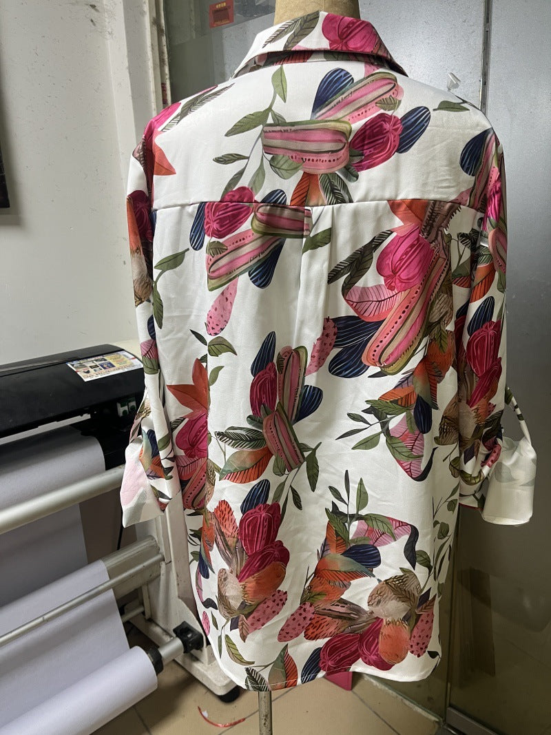 Casual Print Shirt Top with Floral Patterns and Long Sleeves