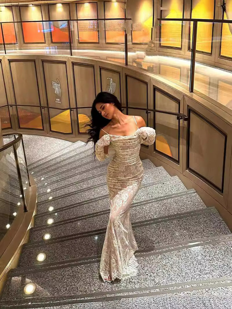 Lace Dress with Elegant Mesh Bodycon Style Evening Gown