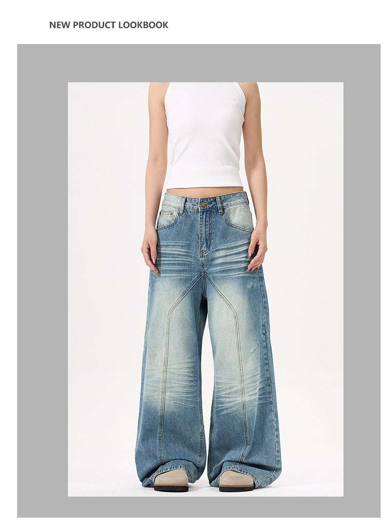 Wide-leg Blue Jeans with Deconstruct Stitching for Trendy Style