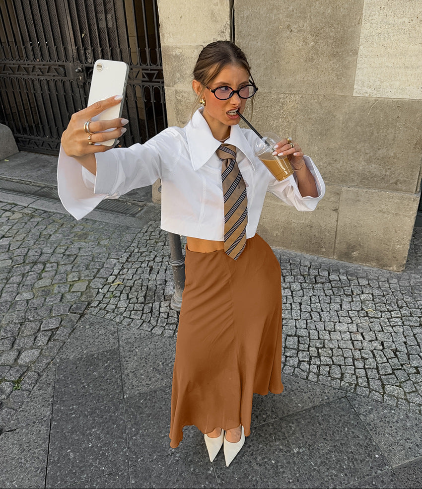 Khaki Slim-fit Tulle Skirt with Elegant Draping Effect