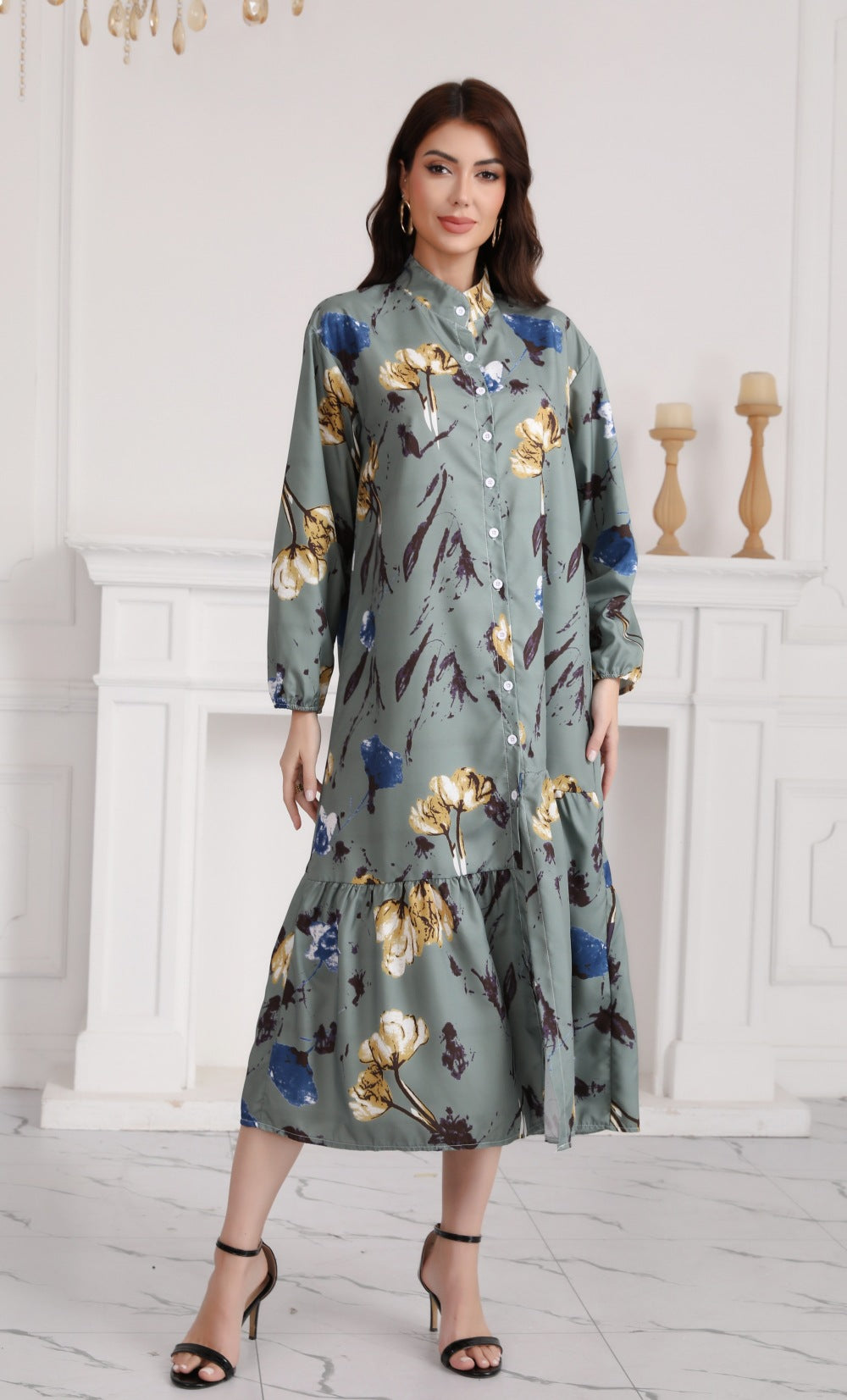 Floral Print Long Dress with Comfortable Cotton-Linen Blend Fabric