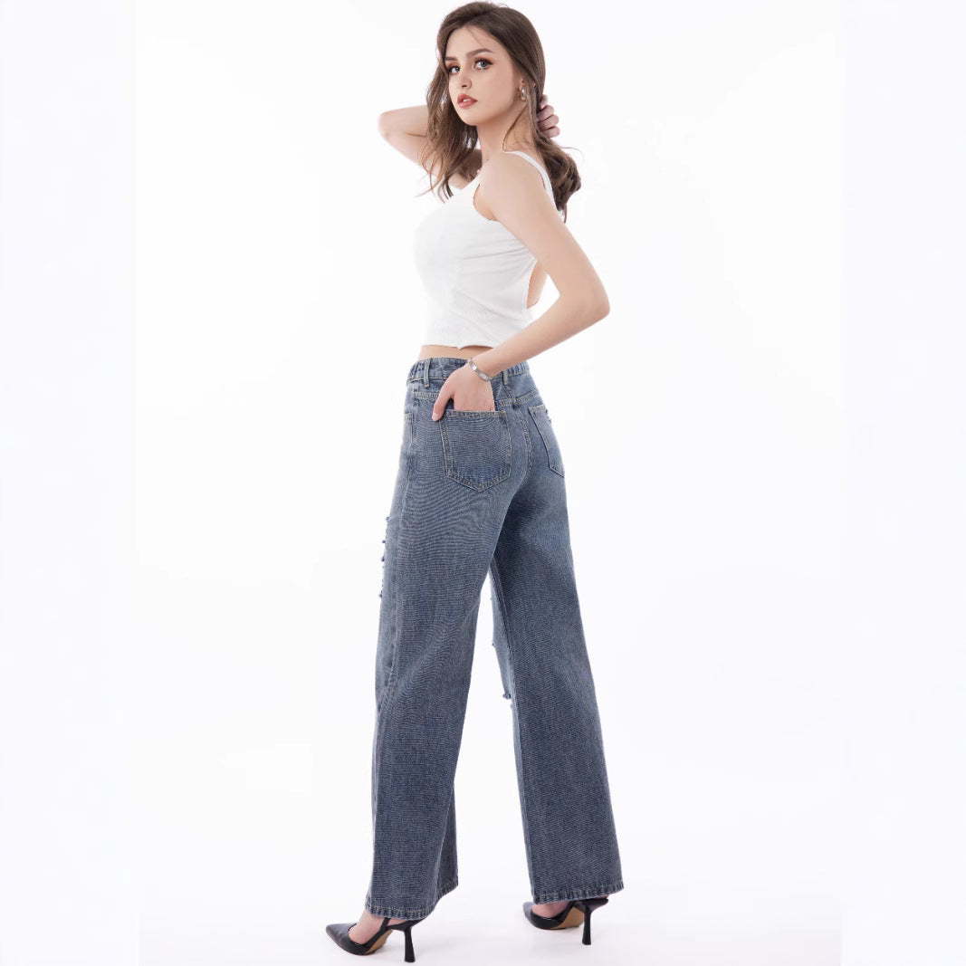 Retro Large Size Wide-Leg Jeans with Worn Distressed Style