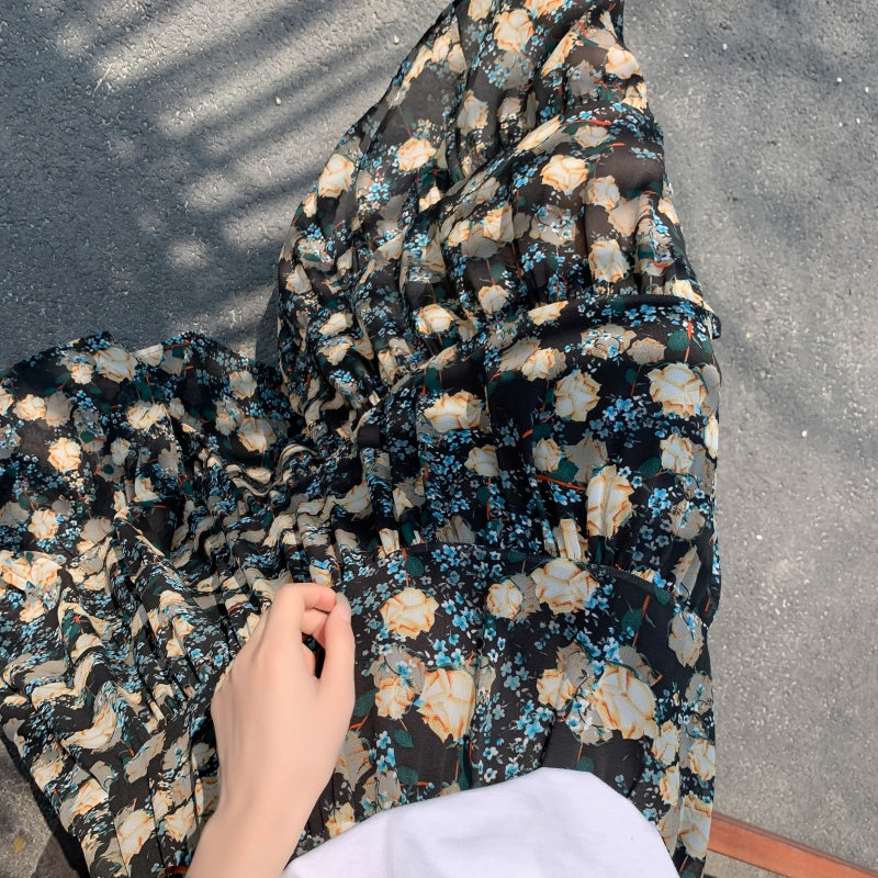 A-Line Chiffon Floral Skirt with Colorful Print Style